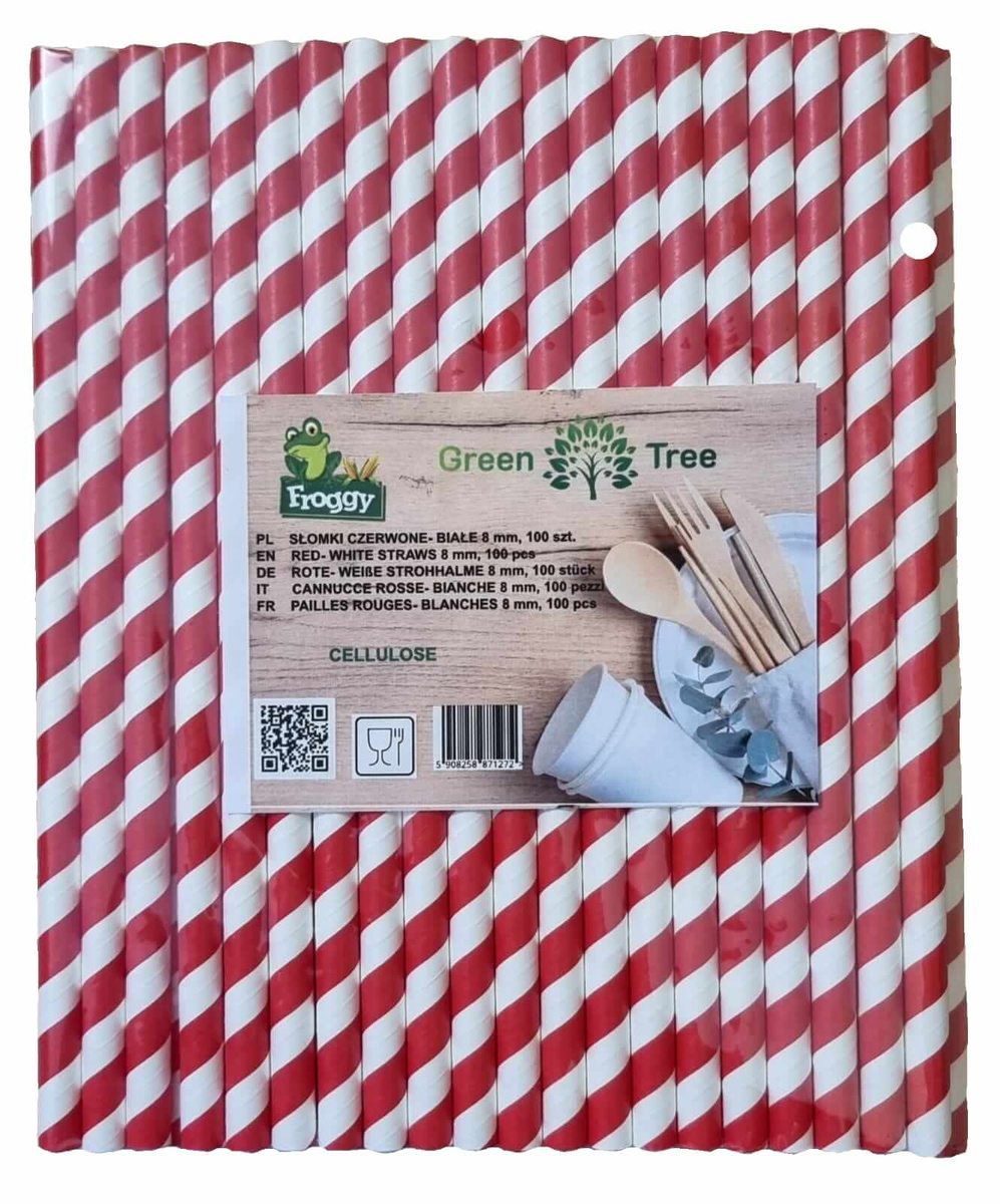 Słomki celulozowe czerwone paski 8mm 100szt