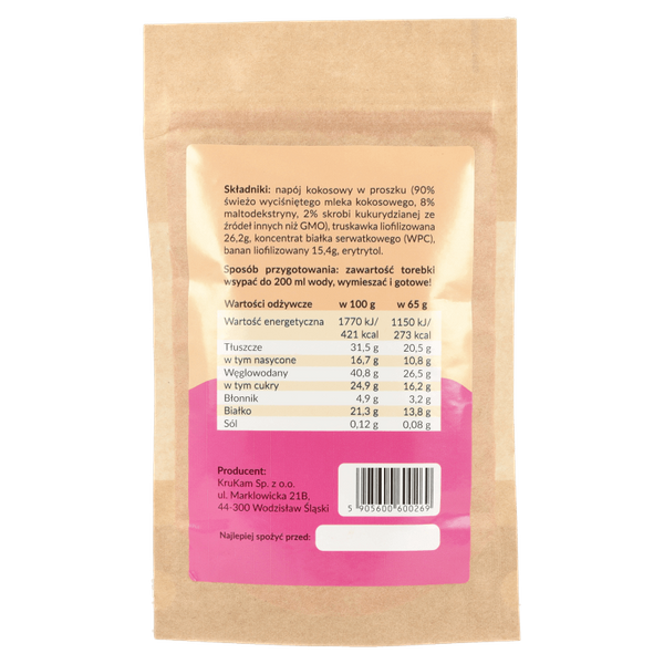 -50%Mieszanka na shake wysokobiałkowy banan truskawka 65g (Data:04.02.2026)