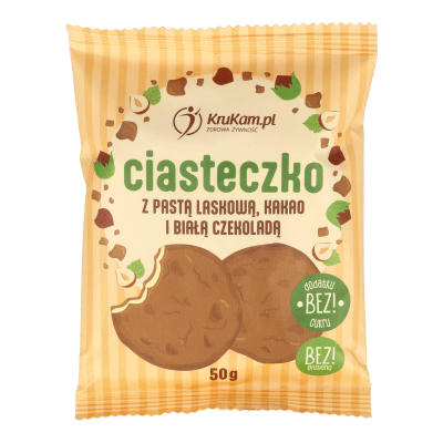 Ciasteczko z pastą laskową, kakao i białą czekoladą 50g