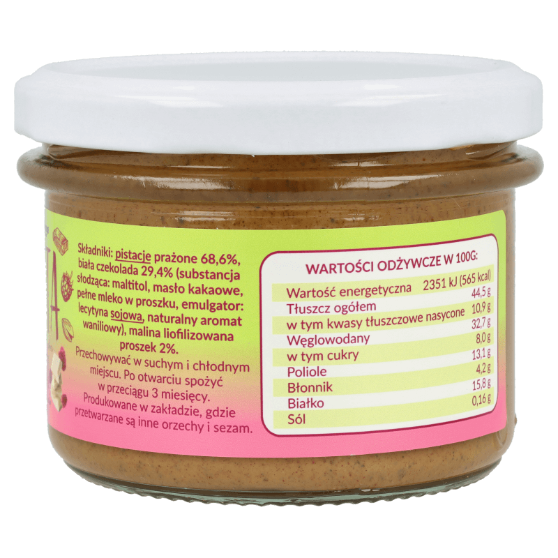Pasta z pistacji z białą czekoladą i malinami 150g